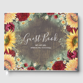 Röd ros och solrosblommor Rustic Fall Wedding Gästböcker