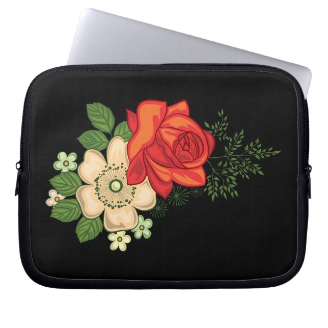 Röd ros och tusenskönor svart bakgrund laptop sleeve (Framsidan)