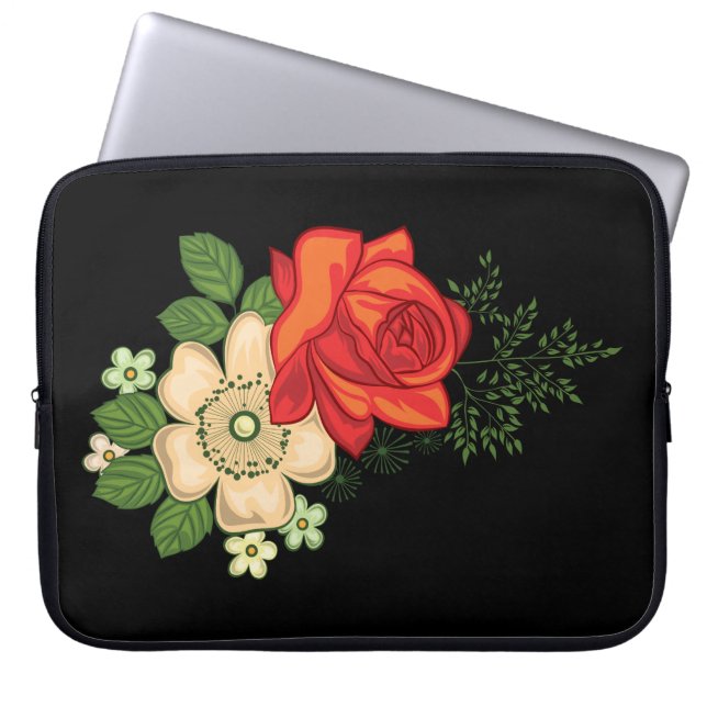 Röd ros och tusenskönor svart bakgrund laptop sleeve (Framsidan)