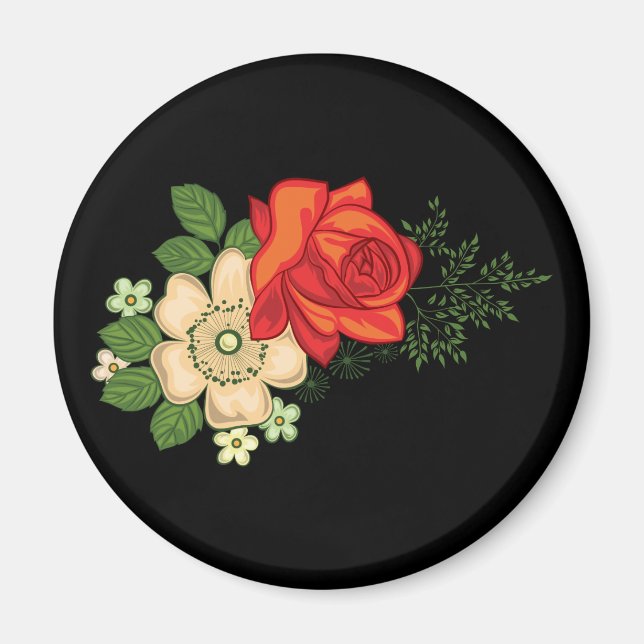 Röd ros och tusenskönor svart bakgrund magnet (Framsidan)