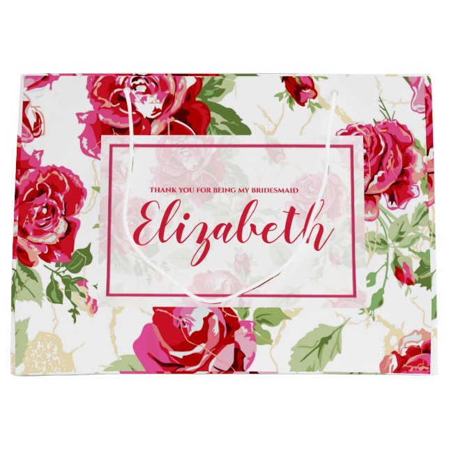 Röd ros och vit klassisk tryckt stor presentpåse (Framsidan)