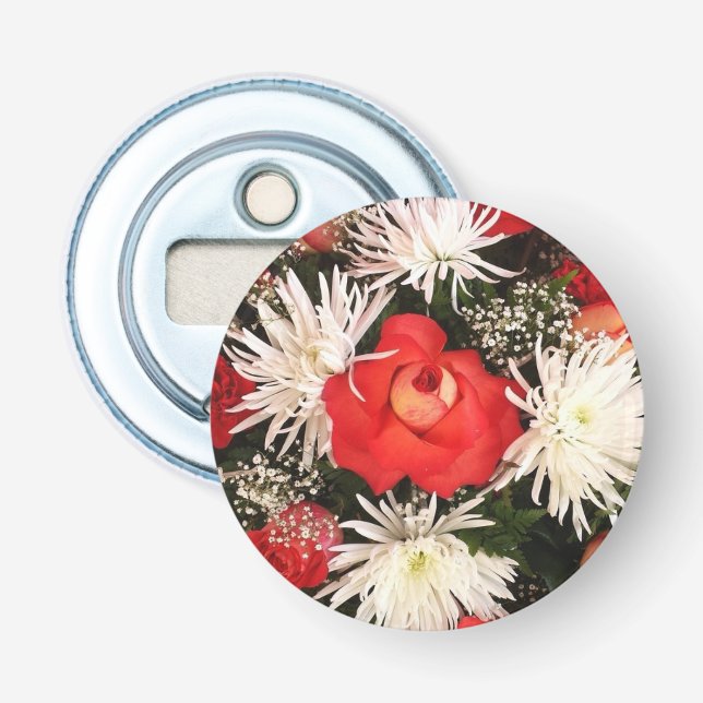 Röd ros och vita blommor bukett flasköppnare (Framsidan)