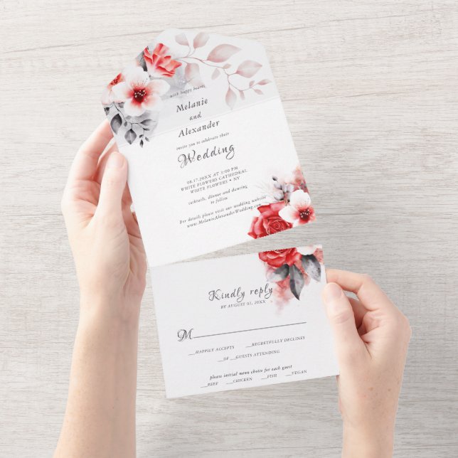 Röd ros och vita blommor elegant modern bröllop (Avrivbar del)