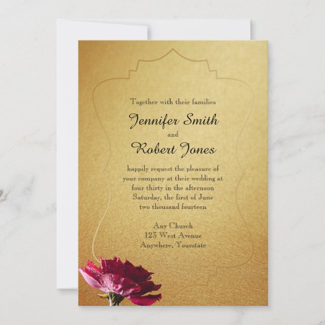 Röd ros om Guld bröllopsinbjudan Inbjudningar (Framsida)