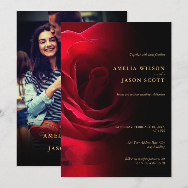 Röd ros-övertoningssvart med Photo Bröllop Inbjudningar (Fram/baksida)