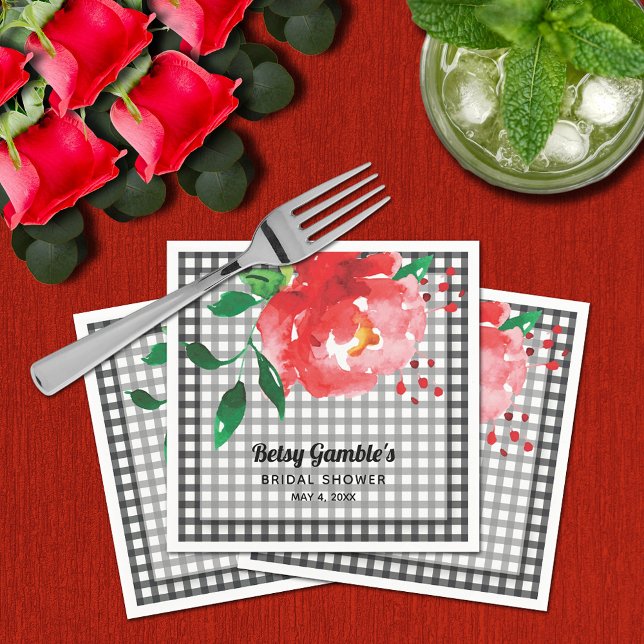 Röd ros på Black and White Gingham Möhippa Pappersservett (Red Rose on Black and White Gingham Bridal Shower Napkins)