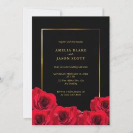 Röd ros på Black | Guld Ram med Photo Bröllop Inbjudningar
