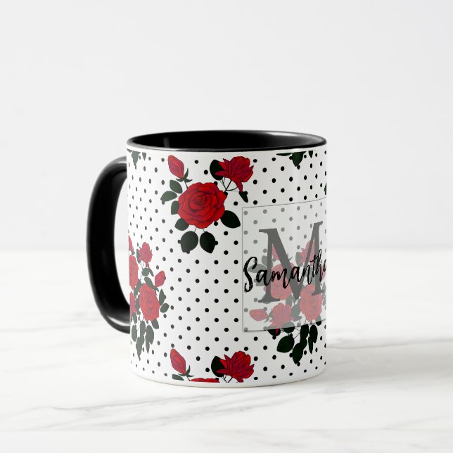 Röd ros på en polkpunktsbakgrund. kaffe mugg (Framsida vänster)