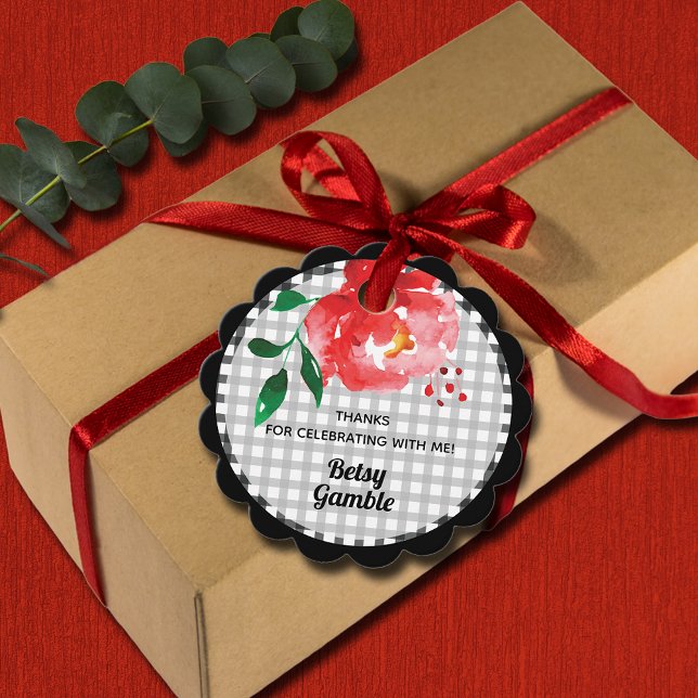 Röd ros på Gingham Bröllopsdusch Gåvor Etiketter (Watercolor red rose on black and white gingham bridal shower favor tags)