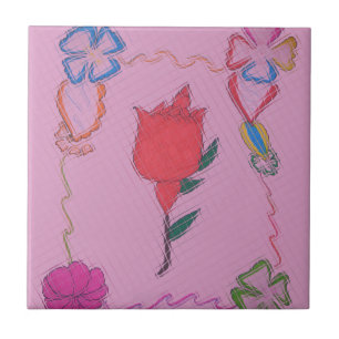 Röd ros på Rosa: Blommigt Gräns Art-utskrift/grafi Kakelplatta