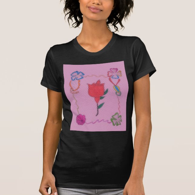 Röd ros på Rosa: Blommigt Gräns Art-utskrift/grafi T Shirt (Framsida)