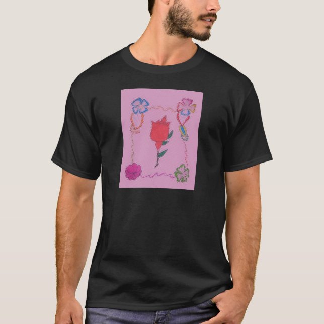 Röd ros på Rosa: Blommigt Gräns Art-utskrift/grafi T-shirt (Framsida)