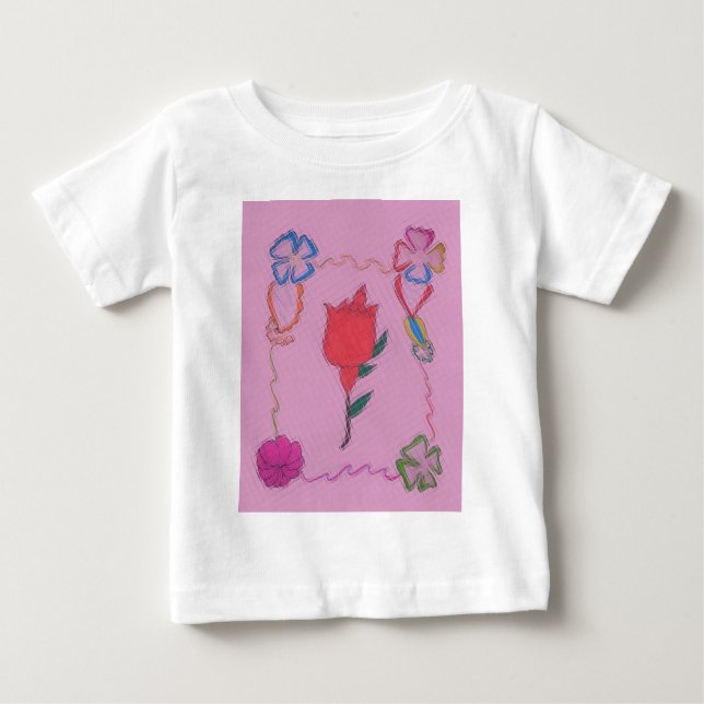 Röd ros på Rosa: Blommigt Gräns Art-utskrift/grafi Tee Shirt (Framsida)