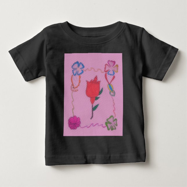 Röd ros på Rosa: Blommigt Gräns Art-utskrift/grafi Tee Shirt (Framsida)