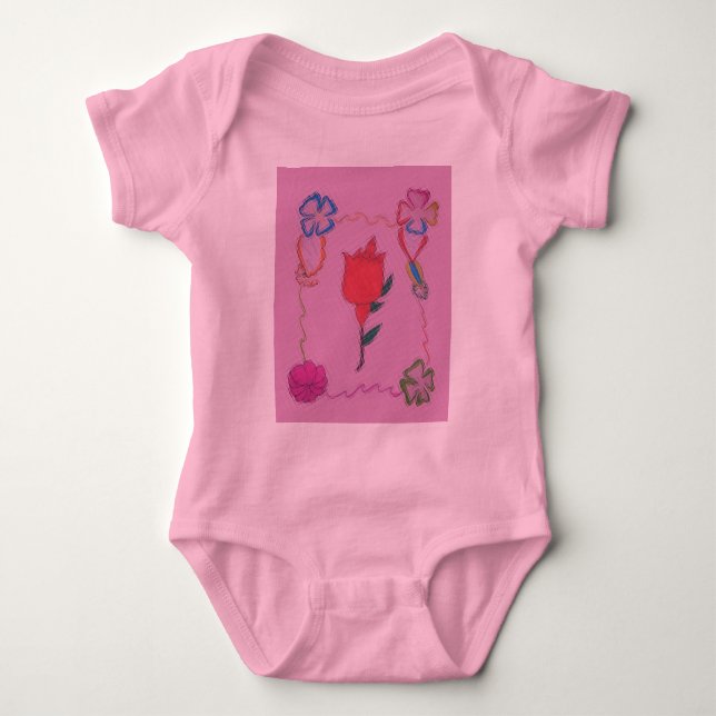 Röd ros på Rosa: Blommigt Gräns Art-utskrift/grafi Tee Shirt (Framsida)