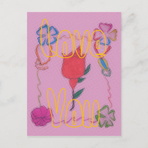 Röd ros på Rosa: Blommigt Gräns Art-utskrift/grafi Vykort