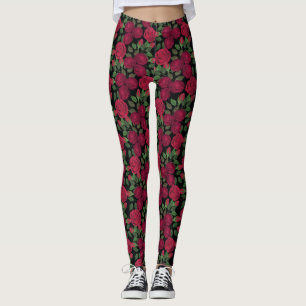 Röd ros på svart. leggings