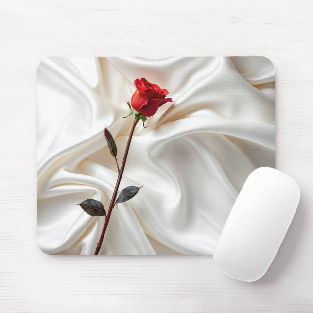 Röd ros på vit satin musmatta (Med mus)