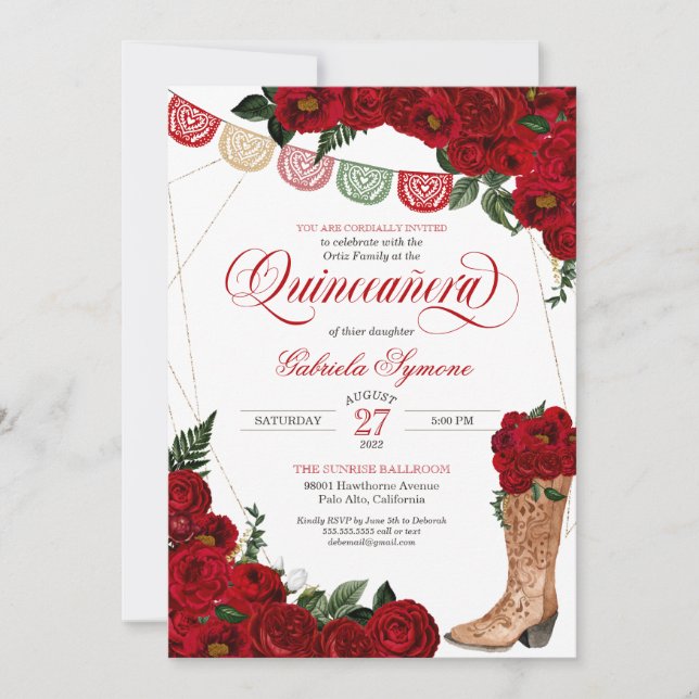 Röd ros Papel Picado Western Charro Quinceañera Inbjudningar (Framsida)
