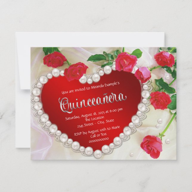 Röd Ros Pärl Quinceañera Inbjudningar (Framsida)