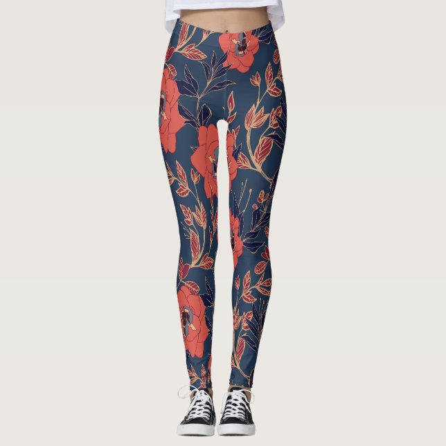 Röd ros Peonies Mörk Bakgrund Leggings (Framsida)