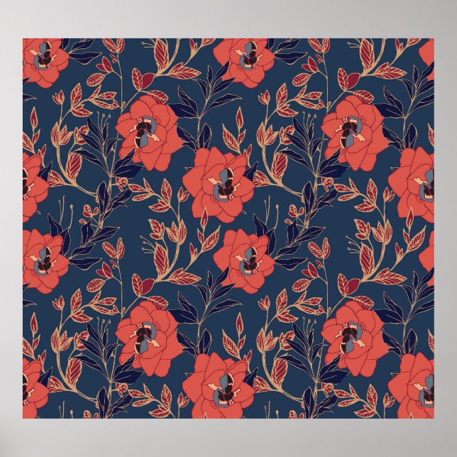 Röd ros Peonies Mörk Bakgrund Poster (Framsidan)