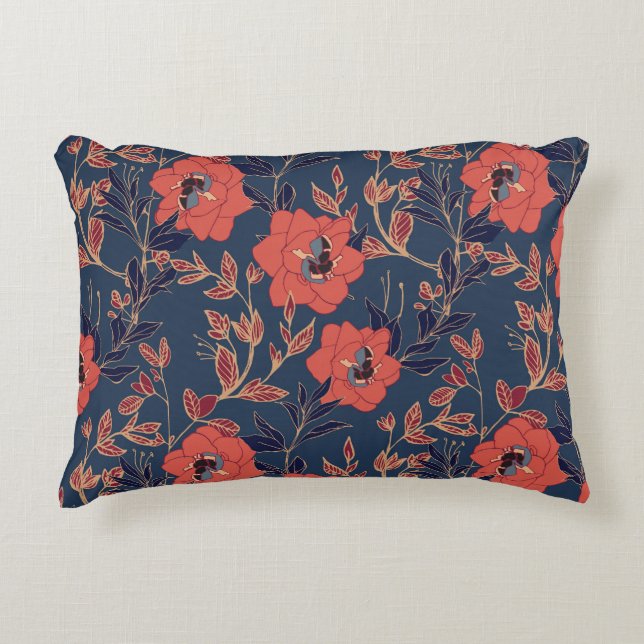 Röd ros Peonies Mörk Bakgrund Prydnadskudde (Framsidan)