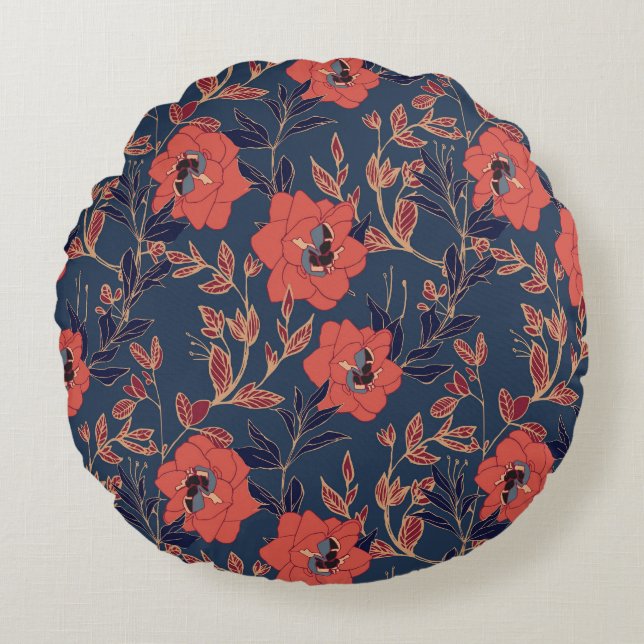 Röd ros Peonies Mörk Bakgrund Rund Kudde (Framsidan)