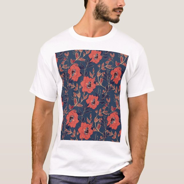 Röd ros Peonies Mörk Bakgrund T Shirt (Framsida)