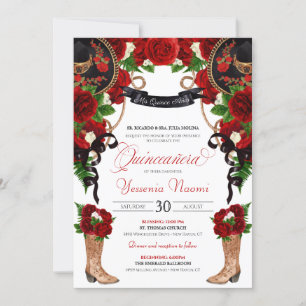 Röd ros & Peonies Western Charra Quinceanera Inbjudningar