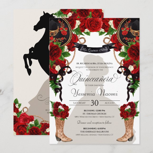 Röd ros & Peonies Western Charro Quinceanera Inbjudningar (Fram/baksida)