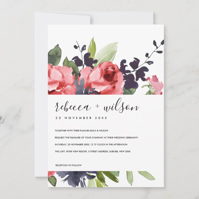 RÖD ROS PEONY BLOMMIGT WATERCOLOR BUNCH BRÖLLOP (Framsida)