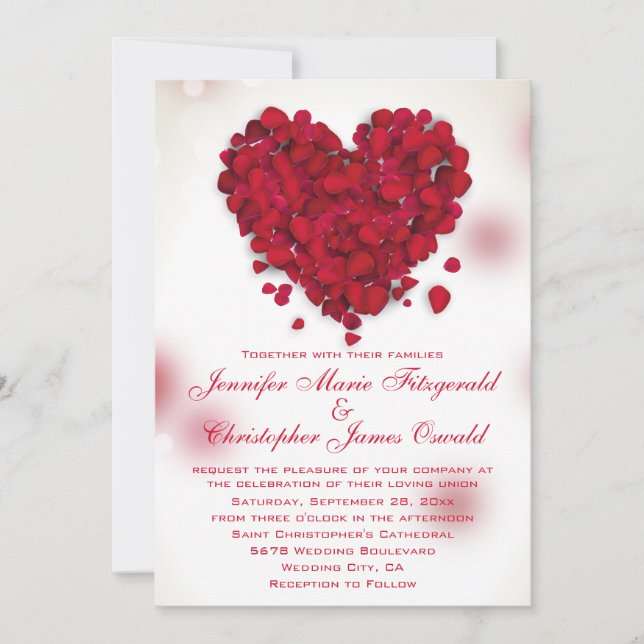 Röd ros Petals Kärlek Heart Bröllop Inbjudningar (Framsida)