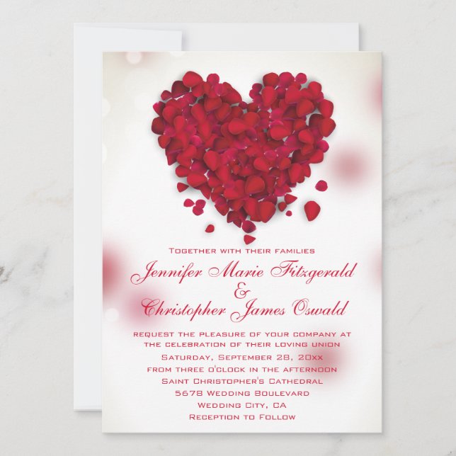 Röd ros Petals Kärlek Heart Bröllop Inbjudningar (Framsida)