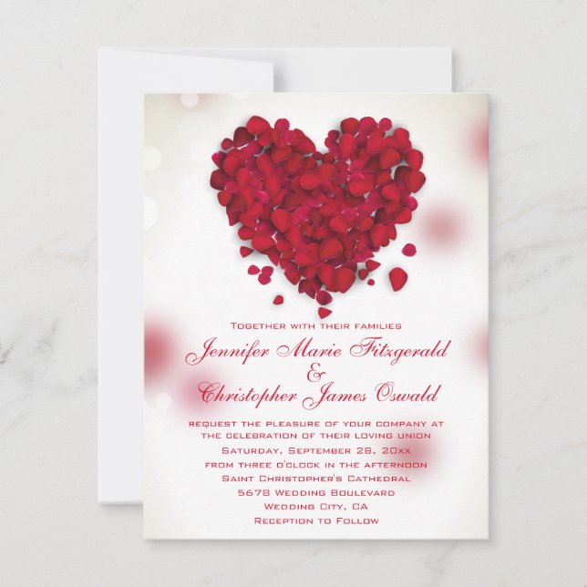 Röd ros Petals Kärlek Heart Bröllop Inbjudningar (Framsida)