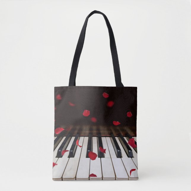 Röd ros Petals på Piano Tote Bag Tygkasse (Framsida)