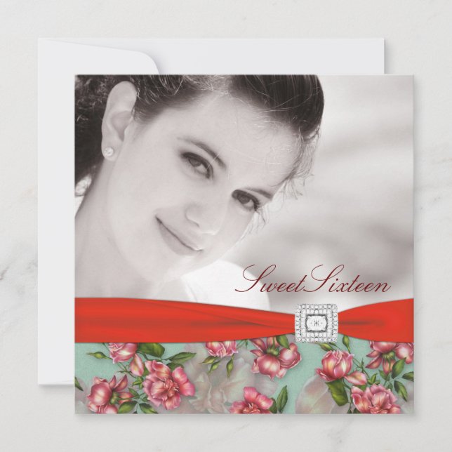 Röd ros Photo Sweet sixteen Födelsedagsfest Inbjudningar (Framsida)