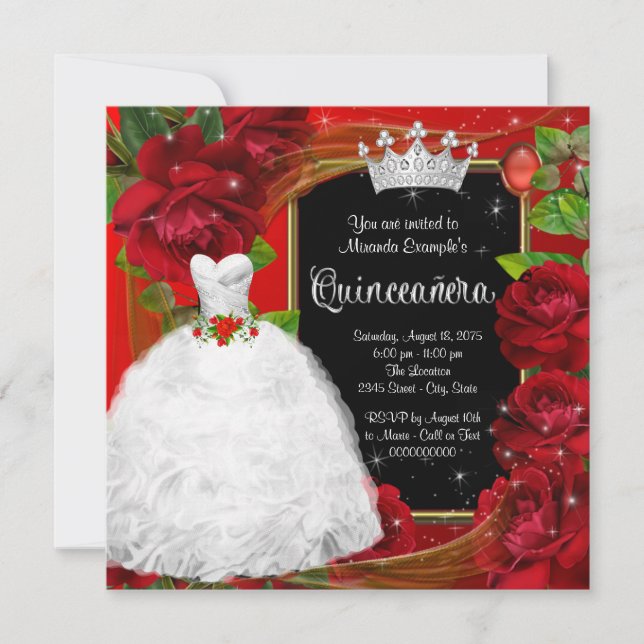 Röd Ros Prinsessa Quinceanera Inbjudningar (Framsida)