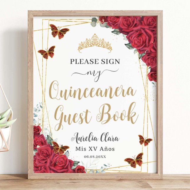 Röd ros Quinceanera Birthday Guest Bok Sign Poster (Skapare uppladdad)