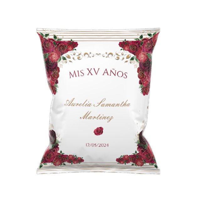 Röd ros Quinceañera Chip Bag Wrapper Reklamblad (Front of chip bag wrapper)