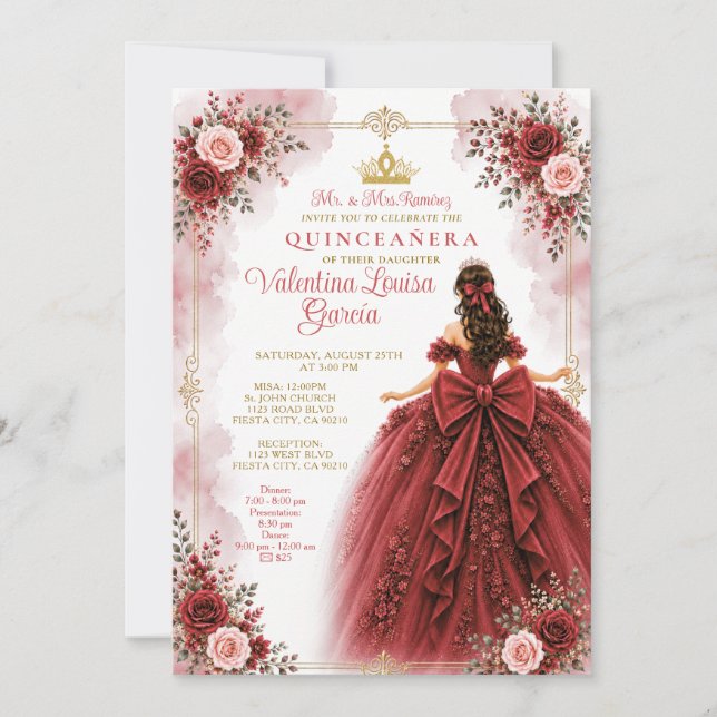 Röd Ros Quinceañera Inbjudan (Framsida)