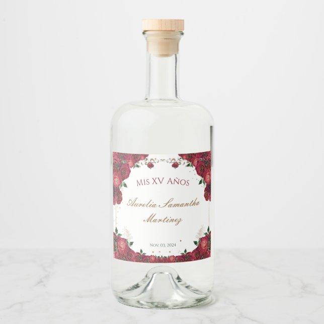 Röd ros Quinceañera Liquor Flaska-etiketter Spritflaskor Etikett (Framsida)