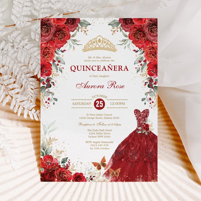 Röd ros Quinceañera Mis Quince 15:e födelsedagen Inbjudningar (Skapare uppladdad)