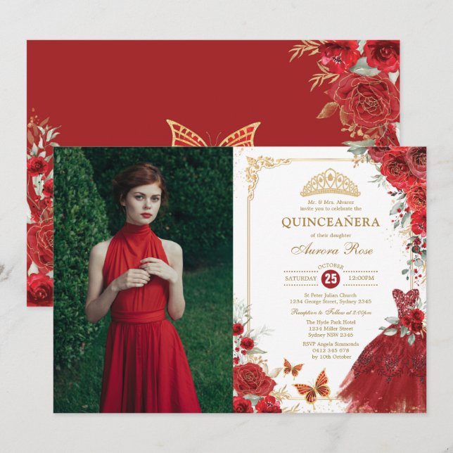 Röd ros Quinceañera Princess Tiara Mis Quince 15 Inbjudningar (Fram/baksida)