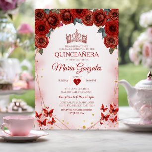 Röd ros Quinceañera Ro Guld Krona mexikanska Inbjudningar