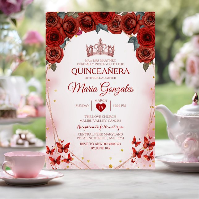 Röd ros Quinceañera Ro Guld Krona mexikanska Inbjudningar (Skapare uppladdad)
