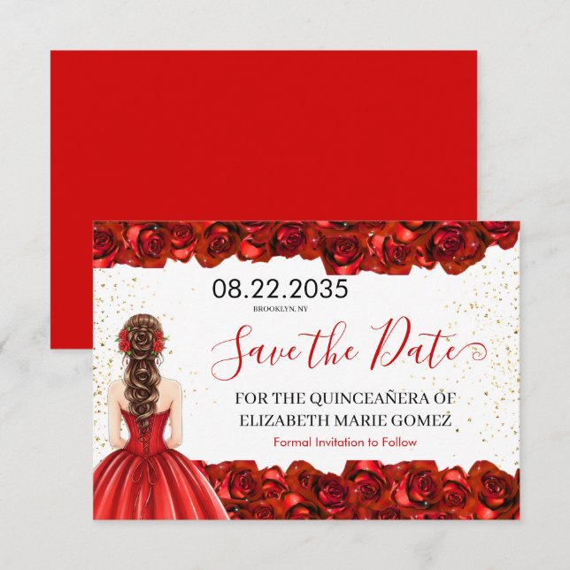 Röd Ros Quinceañera Spara Datum-kort Datumet (Fram/baksida)