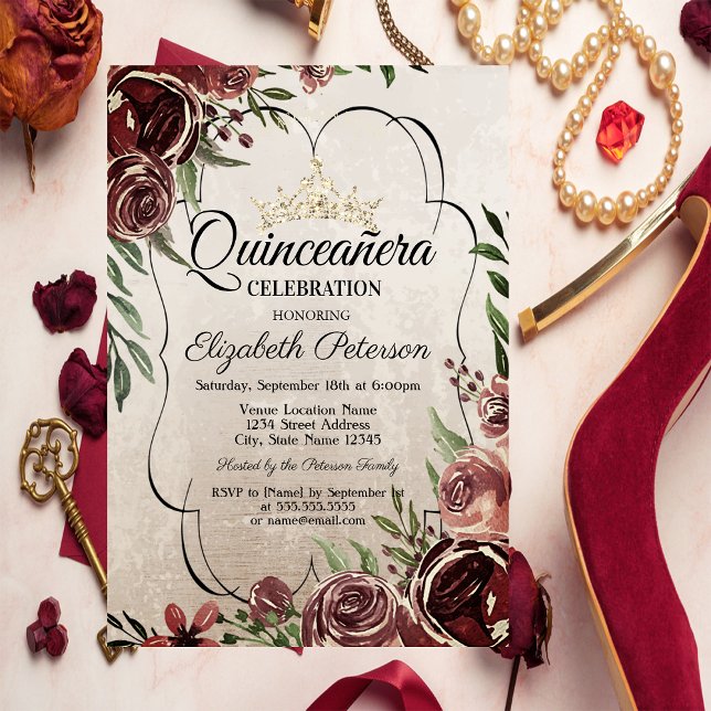 Röd ros Ram Quinceañera Inbjudningar (Skapare uppladdad)
