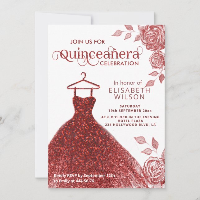 Röd ros red glitter dress Quinceañera-inbjudan Inbjudningar (Framsida)