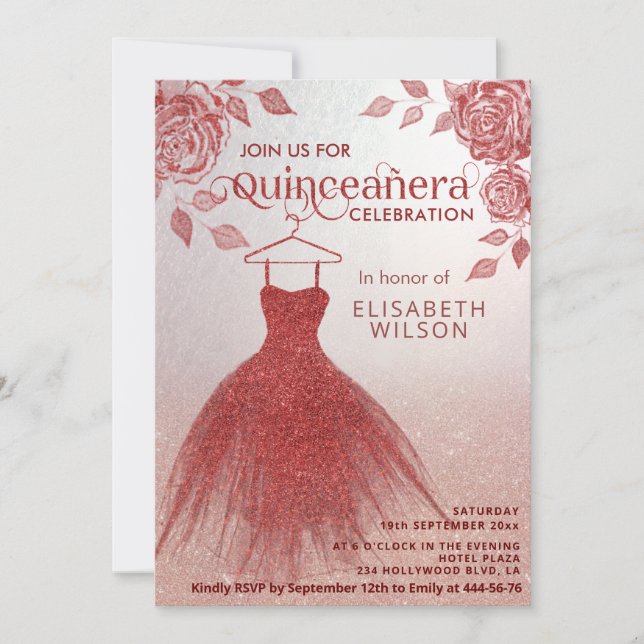Röd ros red glitter dress Quinceañera-inbjudan Inbjudningar (Framsida)